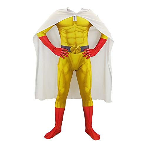 Lzrong Anime One Punch Man Saitama Cosplay Kostüm Muskulöse Saitama Kampfstrumpfhose mit Umhang Halloween Superheld Rollenspie Halloween für Erwachsene Kinder von Lzrong