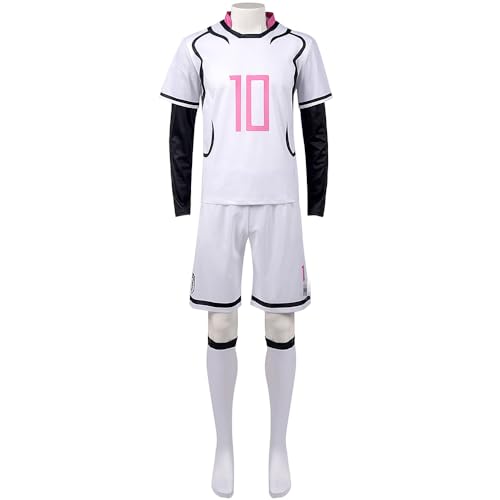 Lzrong BLUE LOCK Cosplay Kostüm, Anime Itoshi Sae Nr.10 Trikots, Rosa Weiß Fußball Sportbekleidung Training Uniform Anzug, Halloween Karneval Outfit Komplettes Set mit Perücken von Lzrong