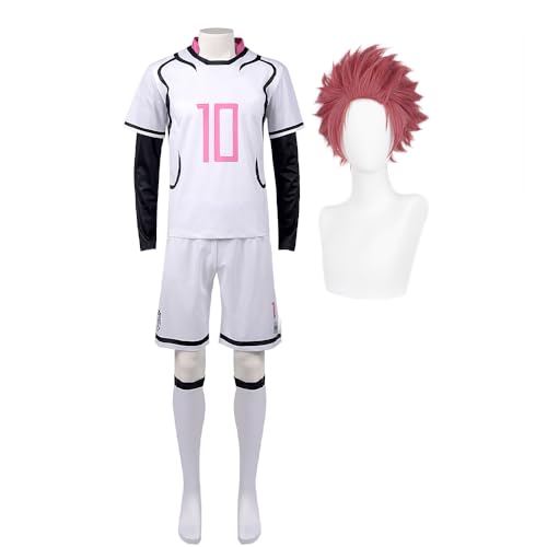 Lzrong BLUE LOCK Cosplay Kostüm, Anime Itoshi Sae Nr.10 Trikots, Rosa Weiß Fußball Sportbekleidung Training Uniform Anzug, Halloween Karneval Outfit Komplettes Set mit Perücken von Lzrong