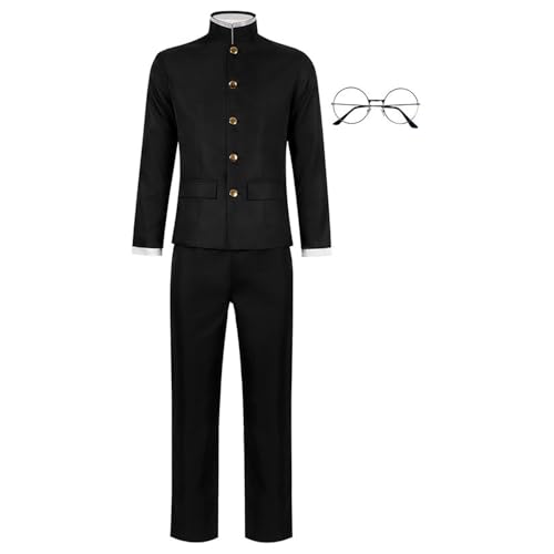 Lzrong DAN DA DAN Cosplay Takakura Ken Cosplay Outfits, Okarun Cosplay Anime Schwarz Uniform mit Brillen Anzug Komplettes Set, Halloween Weihnachten Karneval Party Outfits Geschenke für Fans von Lzrong