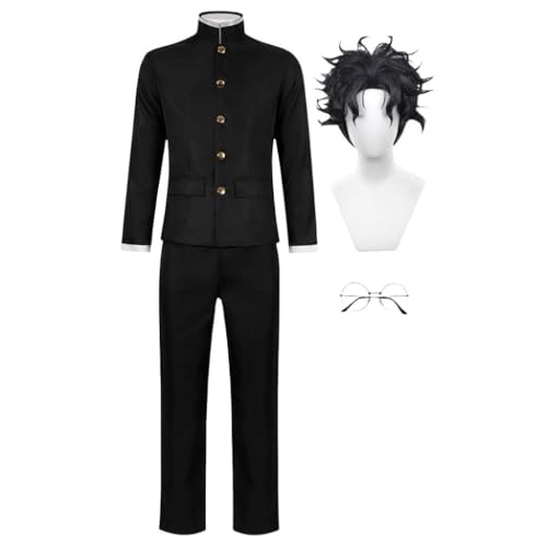 Lzrong DAN DA DAN Cosplay Takakura Ken Cosplay Outfits, Okarun Cosplay Anime Schwarz Uniform mit Brillen Anzug Komplettes Set, Halloween Weihnachten Karneval Party Outfits Geschenke für Fans von Lzrong