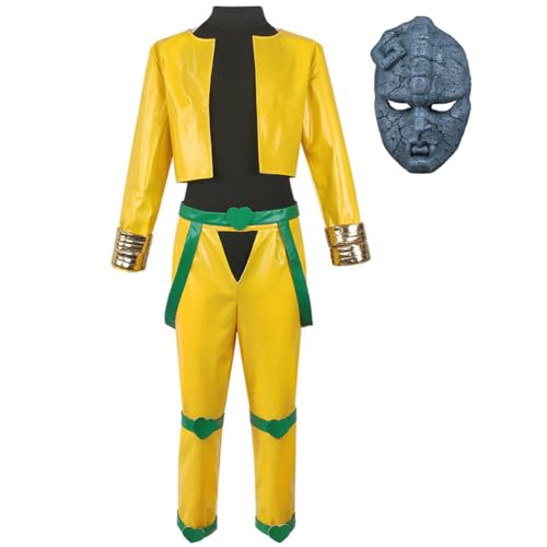 Lzrong Dio Brando Cosplay Kostüm, JJBA Cosplay Costumes, Anime Uniform Anzug mit Maske, Gelb Mantel Hose Komplettset für Halloween Karneval Weihnachten Erwachsene Verkleidung Geschenk für Fans von Lzrong