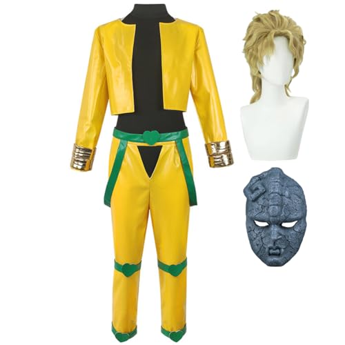 Lzrong Dio Brando Cosplay Kostüm, JJBA Cosplay Costumes, Anime Uniform Anzug mit Maske, Gelb Mantel Hose Komplettset für Halloween Karneval Weihnachten Erwachsene Verkleidung Geschenk für Fans von Lzrong