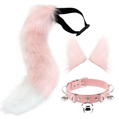 Lzrong Fuchsohren und Schwanzset Simuliertes Plüsch Schwanzohren Anziehset mit Leder Choker Kette Comic Con Cosplay Dekorations Requisiten von Lzrong