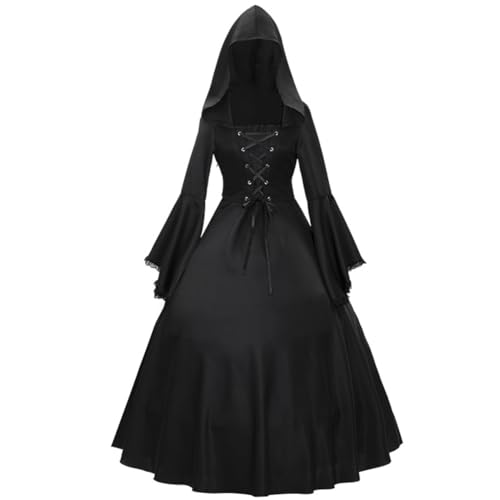 Lzrong Halloween Kostüm Damen Mittelalter Kostüm Hexen Rock Dunkle magische Hexe, Kapuzenkleid mit Spitzenglockenärmeln Halloween Cosplay Kostüm von Lzrong