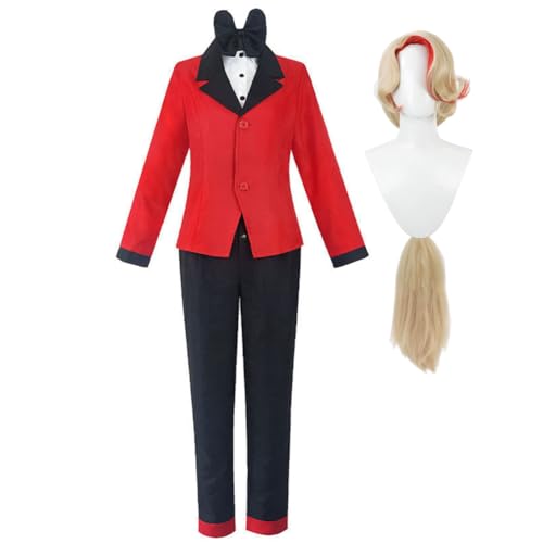 Lzrong Hazbin Hotel Charlie Morningstar Cosplay Kostüm Set,Roter Anzug Uniform mit Schleife Fliege und Perücken Halloween Anime Party Cosplay Outfits für Männer und Frauen von Lzrong