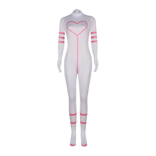 Lzrong Hazbin Hotel Cosplay Kostüm Jumpsuit, Angel Dust Cosplay Kompletter Rosa Weiß Bodysuit Anime Rollenspiel Dress Up Outfits mit Perücken Halloween Karneval Party für Erwachsener von Lzrong