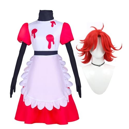 Lzrong Hazbin Hotel Cosplay Kostüm Kleidung, Niffty Cosplay Outfits Anzug Rosa Kleid mit weißer Schürze mit Perücke Halloween Karneval Anime Party für Anime Fans von Lzrong