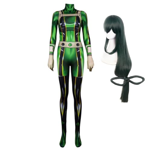 Lzrong MHA Asui Tsuyu Cosplay Kostüm Grün Bodysuit Ganzkörperanzug mit Wig für Kinder und Erwachsene Anime Halloween Party Kostüm von Lzrong