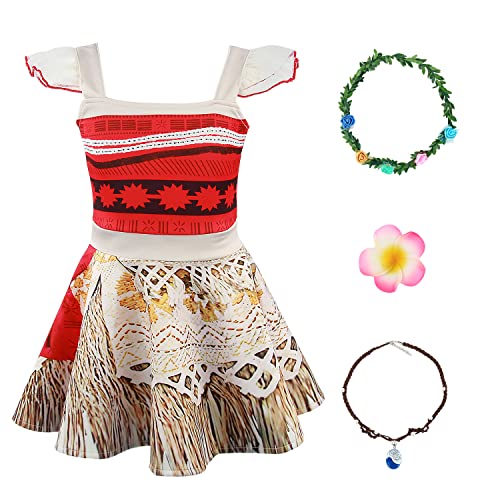 M MUNCASO Mädchen Moana Kostüm Fancy Dress Up Prinzessin Party Kleid Mädchen Abenteuer Outfit Kleidung Kinder Geburtstag Urlaub Halloween Cosplay Fancy Clothing Set (Red#1, 130) von M MUNCASO