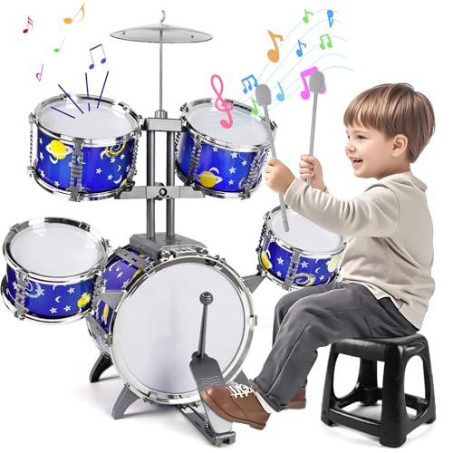 M SANMERSEN Upgraded Kids Jazz Drum Set Toddler Toy Drum Set with Stool, Plastic Rock Jazz Drum Kit Musical Toys Gift for Boys Girls 3-5 5-7 von M SANMERSEN