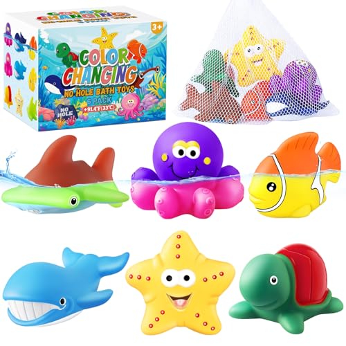 Color Changing Kein Loch Bad Spielzeug für Kinder Kleinkinder, Farbwechsel Meer Kreaturen Ozean Tier Spielzeug mit Trockentasche Baby Bad Spielzeug Wasser Spielzeug Schwimmende Fisch Spielzeug(6 Pack) von MACALOCA