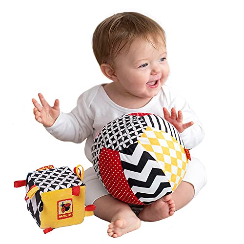 magdum 2 Set Spielwürfel Baby + Stoffball - Motorikspielzeug ab 1 Jahr - Baby Spielzeug 6 Monate - Montessori Spielzeug - Lernspielzeug 1 Jahr - Baby Geschenk - Ball Baby - Würfel Baby - Babygeschenke von magdum