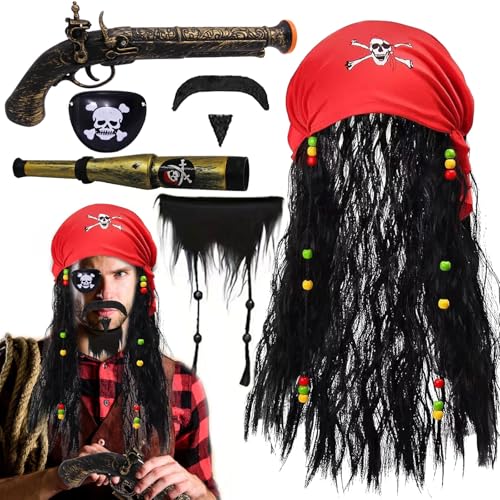 MACULPER Piraten Kostüm Herren 7 Stück Piratenkostüm Herren Piraten Kostüm Erwachsene Pirate Accessories Piraten Perücke Piratenhut für Karneval Cosplay Piraten Party von MACULPER