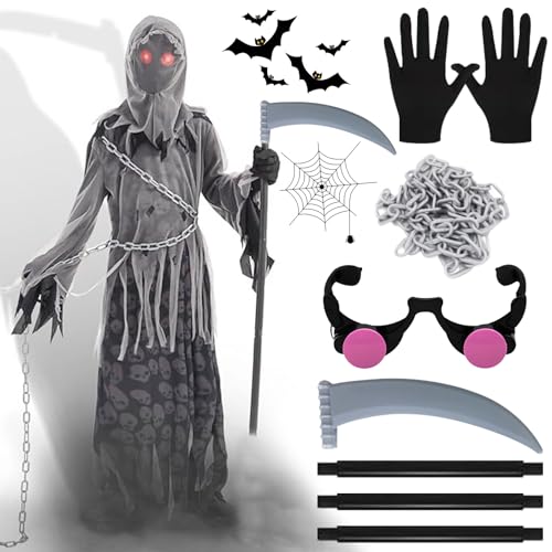 MACULPER Sensenmann Kostüm Kinder Halloween Kostüm 7 Stück Sensenmann Kinderkostüm für Halloween Kostüm Cosplay, Karneval Party, Gruselige Kostüme Jungen und Mädchen 8-10 Jahre MACULPER Sensenmann Kostüm Kinder Halloween Kostüm 7 Stück Sensenmann Kinderkostüm für Halloween Kostüm Cosplay, Karneval Party, Gruselige Kostüme Jungen und Mädchen 8-10 Jahre von MACULPER