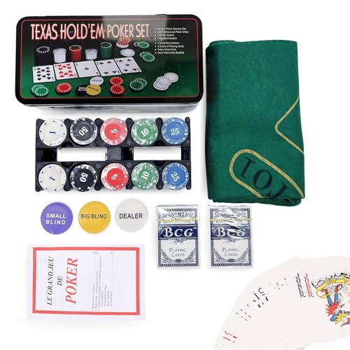 MAGIC SELECT Poker Set Spiel. Poker Set Texas Hold 'Em mit 200 Chips, 2 Kartensätzen, Dealer-Button, Big - Small Blind, Matte, Metallbox mit Regelhandbuch im PDF-Format. von MAGIC SELECT