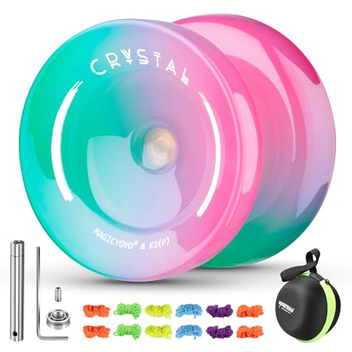 MAGICYOYO JoJo K2, Crystal Yoyo für Kinder, Dual Purpose YoYo für Anfänger & Profis, Responsive/Unresponsive Trick JoJo mit 12 Saiten, Lager-Tool und Geschenkbox (Grün-Pink) von MAGICYOYO