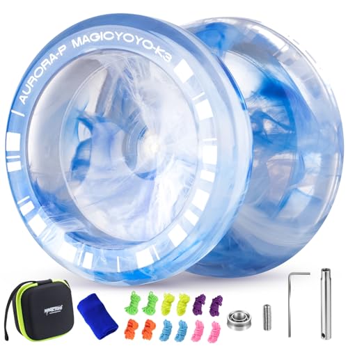 MAGICYOYO JoJo K3 Aurora-p, Profi Trick JoJo für Fingerspin, Reaktionsfähiges und Nicht Reagierendes Yoyo für Anfänger und Fortgeschrittene, mit 12 Yoyo-Saiten und Yo Yo-Zubehörset (Blau Weiß) von MAGICYOYO