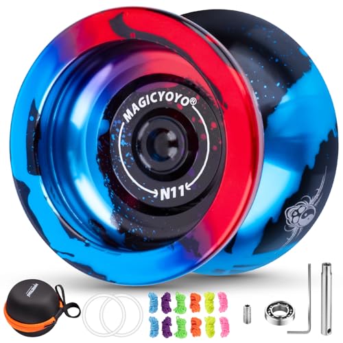 MAGICYOYO JoJo mit Leerlauf und Kugellager, Profi Nicht Reagierender Yoyo N11, Responsive Yoyo für Kinder Anfänger, Metall Magic Jo-jo mit 12 Saiten, Lagersatz, Yo Yo-Hülle (Schwarz Blau Rot) von MAGICYOYO