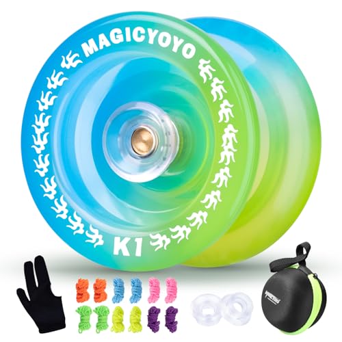 MAGICYOYO Kinder JoJo K1 für 8-12 oder höher, Ansprechbares JoJo Kristall Yoyo Blau Gelb, Professionelle Tricks Yoyo für Erwachsene mit 12 Yo Yo Saiten, 2 Hubstacks, Yo-Yo Handschuh und Jo Jo Koffer von MAGICYOYO