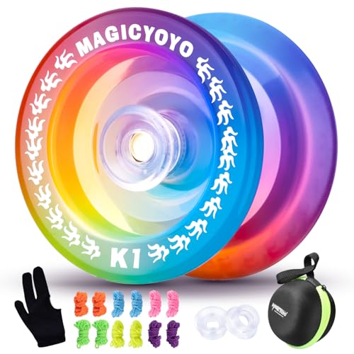 MAGICYOYO Kinder Yoyo K1-Plus, Responsive Yoyo für Kinder, Professionelles Stunt Yoyo für Anfänger, Profi Trick Yoyo mit Yoyo Aufbewahrungstasche, 12 Yoyo Saiten und Yo-Yo Handschuh(Crystal Tirclour) von MAGICYOYO