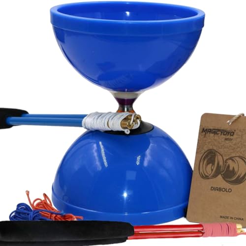 MAGICYOYO MD01 Diabolo Profi Groß mit Dreifach-Kugellagern für Kinder, Erwachsene, Jonglier-Set, Anfänger, 15cm Diabolo mit 4 Metallstäbe+ Tasche+ 4 Diabolos-Schnur, blau von MAGICYOYO