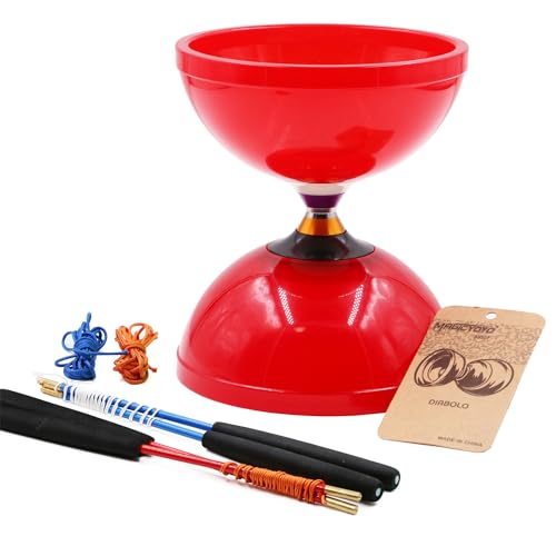 MAGICYOYO MD01 Diabolo Profi Groß mit Dreifach-Kugellagern für Kinder, Erwachsene, Anfänger, 15cm Diabolo mit 4 Metallstäbe+ Tasche+ 4 Diabolos-Schnur, Rot von MAGICYOYO