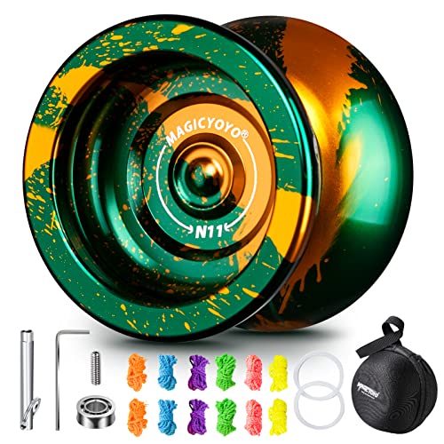 MAGICYOYO N11 Profi Unresponsive Yoyo, Metall Dual Purpose Jojo for Kinder and Advanced, Trick Yoyo mit Replacement Responsive Yoyo Bearing+12 Yoyo Strings+ Removal Tool + Jo Jo Box +Alxe(Grünes Gold) von MAGICYOYO