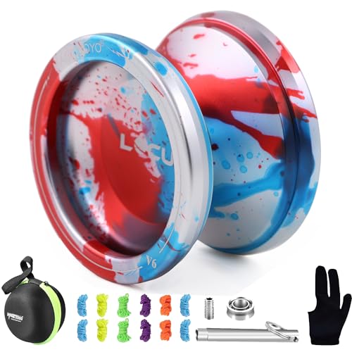 MAGICYOYO Profi Responsive JoJo & Unresponsive Jo-jo für Kinder, Teen, Erwachsene Jojos, V6 LOCUS Yoyo Metall mit Nonresponsive Kugellager+10 Saiten+ Tasche+ Entferner, Blau& Rot& Silber von MAGICYOYO