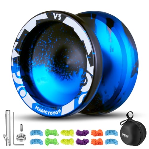 MAGICYOYO Professionelles JoJo V3 Reaktionsfähiges JoJo für Kinder, Dual Purpose Yoyo mit Nicht reagierendem Yoyo-Modus, Metall Yoyo mit YoYo-Lagersatz + 12 Yoyo Schnüre + Yo-Yo Tasche (Schwarz Blau) von MAGICYOYO