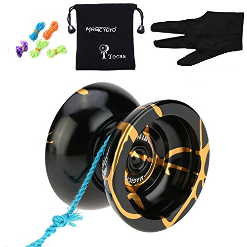 MAGICYOYO Profi Unresponsive JoJo für Kinder und Erwachsene, Nicht für Anfänger, Magic Yoyo N11 Pro Metall Jo-Jo Ball mit Tasche, Jo Jo Handschuh und 5 Jojos Saiten, Schwarz und Gold JoJo von MAGICYOYO