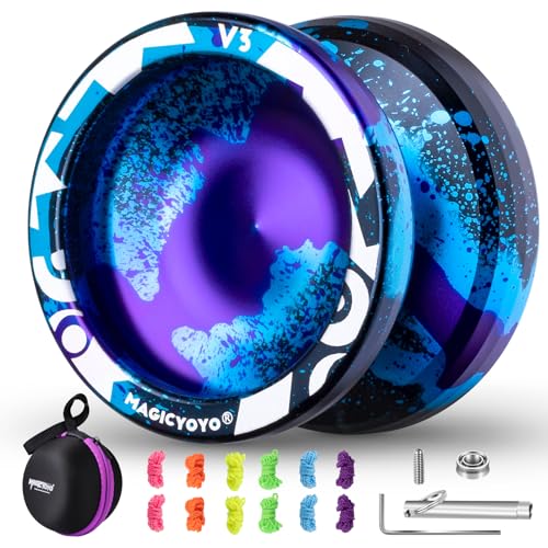 MAGICYOYO V3 Kinder JoJo aus Metall, Profi JoJo Responsive Yoyo und Unresponsive Yoyo, Trick JoJo mit kk Lager + 12 JoJo Saiten + Yo-Yo Tasche + Jo-Jo Lager Pack (Schwarz Blau Violett) von MAGICYOYO