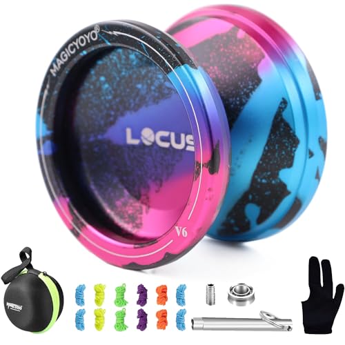 MAGICYOYO Pro Responsive JoJo & Unresponsive Jo-jo für Kinder, Teen﻿, Erwachsene, Magic Yoyo V6 LOCUS Metall Jo Jo Profi mit Nonresponsive Kugellager+10 Saiten+ Tasche+ Entferner, Rosa& Schwarz& Blau von MAGICYOYO