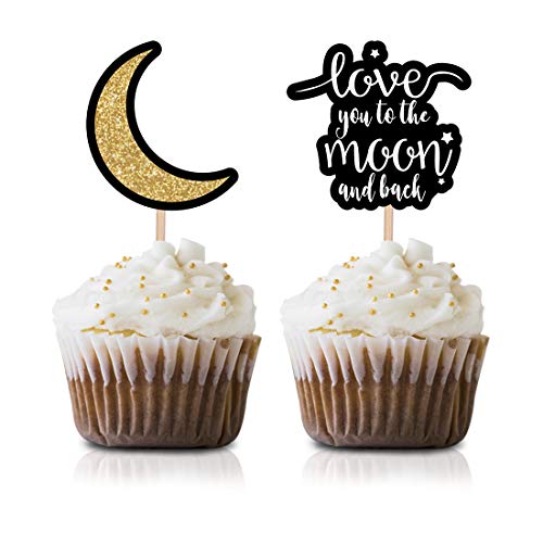 Black Moon Cupcake-Topper Picks, 24 Stück I Love You To The Moon And Back Gold Junge Mädchen Babyparty oder Geburtstag Party Dekorationen von MAGJUCHE