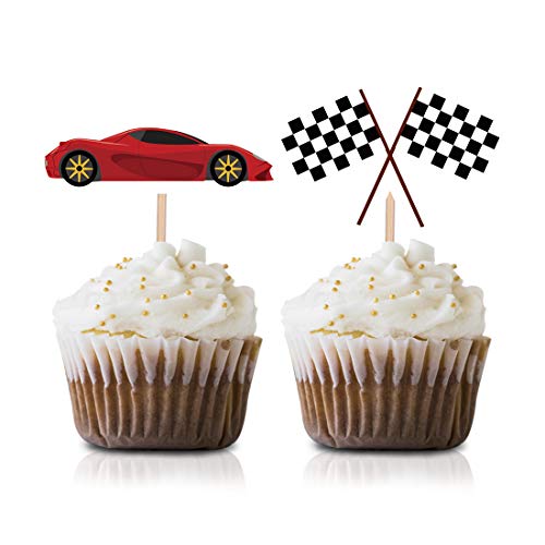 Caring Car Cupcake Topper Picks, 24 Stück Rennauto Flagge Babyparty Geburtstag Party Dekorationen von MAGJUCHE