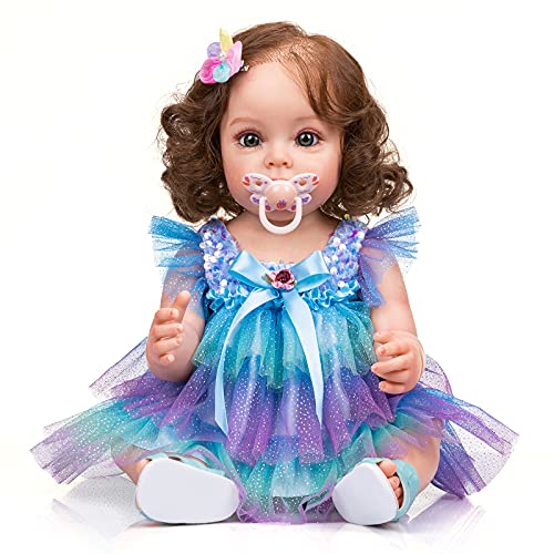 Reborn Puppen Silikon Ganzkörper Weiche Vinyl 22 Zoll 55 Cm Magnetische Mund Schöne Realistische Wecker Ganzkörper Silikon Prinzessin Kleid Blau Puppe Reborn von MAIDEDOLL