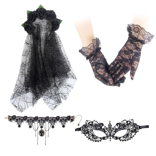 MAINOSHY 4 Stück Halloween Maskerade Kostüm Set, Halloween Blume Krone Stirnband Choker Maskerade Maske Spitze Handschuhe für Halloween Fasching Kostüm Zubehör von MAINOSHY