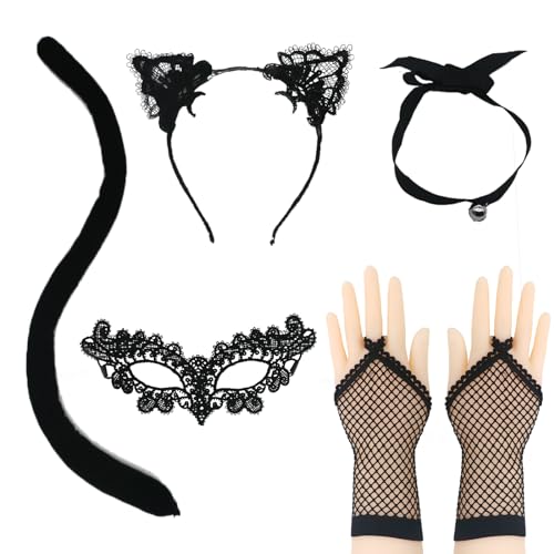 MAINOSHY 5-teiliges schwarzes Katzenkostüm-Set, Spitzen-Katzenohren, Stirnband, Katzenaugenabdeckung, Schwanz, Halsband, Halskette, Spitzenhandschuhe, Kostüm-Zubehör für Damen, Halloween, Mottoparty von MAINOSHY