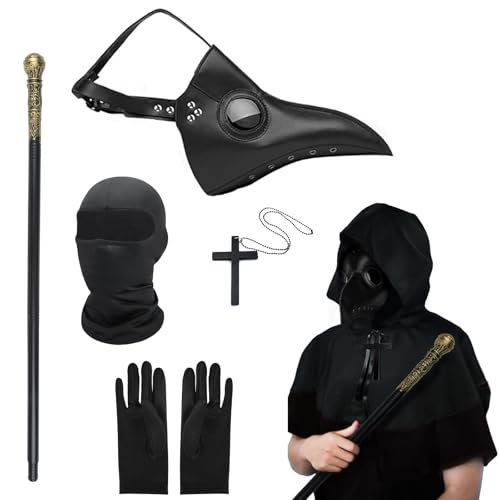 MAINOSHY 6-teiliges Pestarzt-Masken-Kostüm-Set, Halloween-Maske, lange Nase, Vogelschnabel, Steampunk-Maske mit Umhang, Kreuzigung, Halskette, schwarze Handschuhe, Zepter, Halloween-Kostüm-Requisiten von MAINOSHY