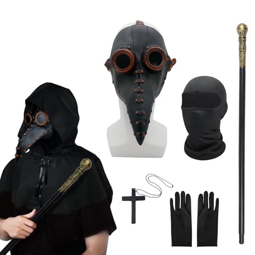 MAINOSHY 6-teiliges Pestarzt-Masken-Kostüm-Set, Halloween-Maske, lange Nase, Vogelschnabel, Steampunk-Maske mit Umhang, Kreuzigung, Halskette, schwarze Handschuhe, Zepter, Halloween-Kostüm-Requisiten von MAINOSHY