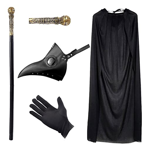 MAINOSHY Halloween Cosplay Kostüm, Pestarzt Maske Lange Nase Retro Leder Vogelmaske Halloween Kapuzenumhang Königsstab Schwarze Handschuhe Halloween Kostüm Requisiten Party Verkleidung von MAINOSHY