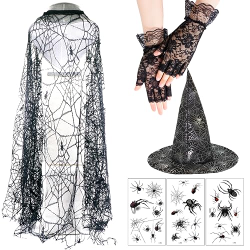 MAINOSHY Halloween Maskerade Kostüm Set, Halloween Hexen Kostüme, Spinnennetz Umhang Halloween Hexenhut Schwarze Spitze Handschuhe mit Spinne Tattoos für Halloween Kostüm Zubehör von MAINOSHY