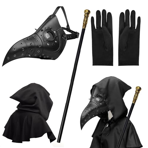 MAINOSHY Halloween Pest Ärzte Maske Lange Nase Vogel Schnabel Maske Retro Leder Vogelmaske mit Kapuze Umhang Zepter Schwarze Handschuhe Halloween Kostüm Requisiten für Halloween Party Dress Up von MAINOSHY