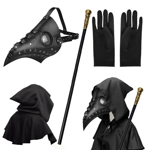 MAINOSHY Halloween-Requisiten-Kostüm-Set, Pestarzt-Maske, Requisiten, lange Nase, Schnabelmaske mit schwarzem Kapuzenumhang, schwarze Handschuhe, König Zepter für Halloween, Cosplay, 4 Stück von MAINOSHY