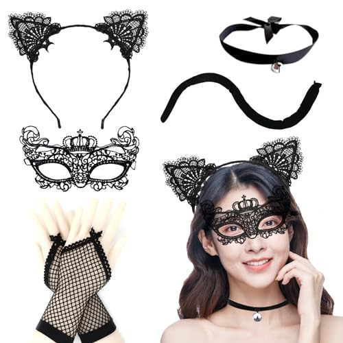 MAINOSHY Schwarze Katze Cosplay Kostüm Set, Spitze Katzenohren Stirnband Maskerade Maske Schwanz Chocker Halskette Fingerlose Fischnetz Handschuhe für Halloween Cosplay Zubehör von MAINOSHY