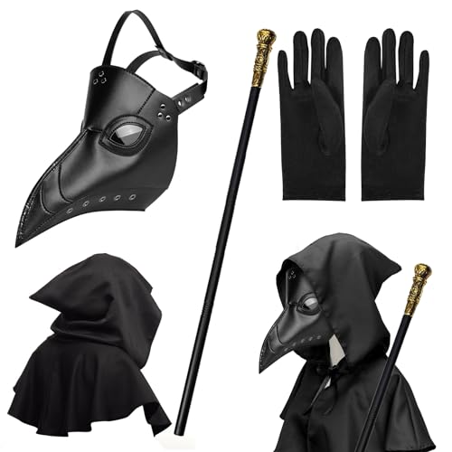 MAINOSHY Pest Bird Doctor Maske, Lange Nase Vogel Schnabel Maske Leder Vogelmaske mit Kapuze Umhang Schwarz Handschuhe Zepter für Halloween Cosplay Kostüm Party von MAINOSHY