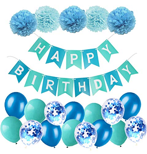 Geburtstagsdeko Jungen Blau Happy Birthday Girlande mit Pompoms und Luftballons Rosa Konfetti Luftballons für Geburtstag Partydeko Mädchen und Frauen von MAKFORT