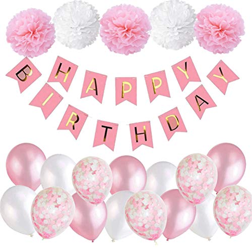 MAKFORT Geburtstagsdeko Mädchen Rosa Happy Birthday Girlande mit Pompoms und Luftballons Rosa Konfetti Luftballons für Geburtstag Partydeko Mädchen und Frauen von MAKFORT