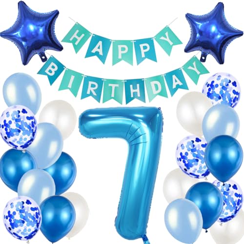 MAKFORT Geburtstagsdeko 7. Geburtstag Blau Happy Birthday Girlande und Luftballons Blau Konfetti Luftballons für Geburtstag Partydeko Deko 7 Geburtstag Junge von MAKFORT