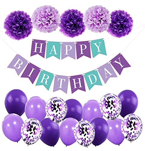 MAKFORT Geburtstagsdeko Mädchen Violett Happy Birthday Girlande mit Pompoms und Luftballons Violett Konfetti Luftballons für Geburtstag Partydeko Mädchen und Junge von MAKFORT